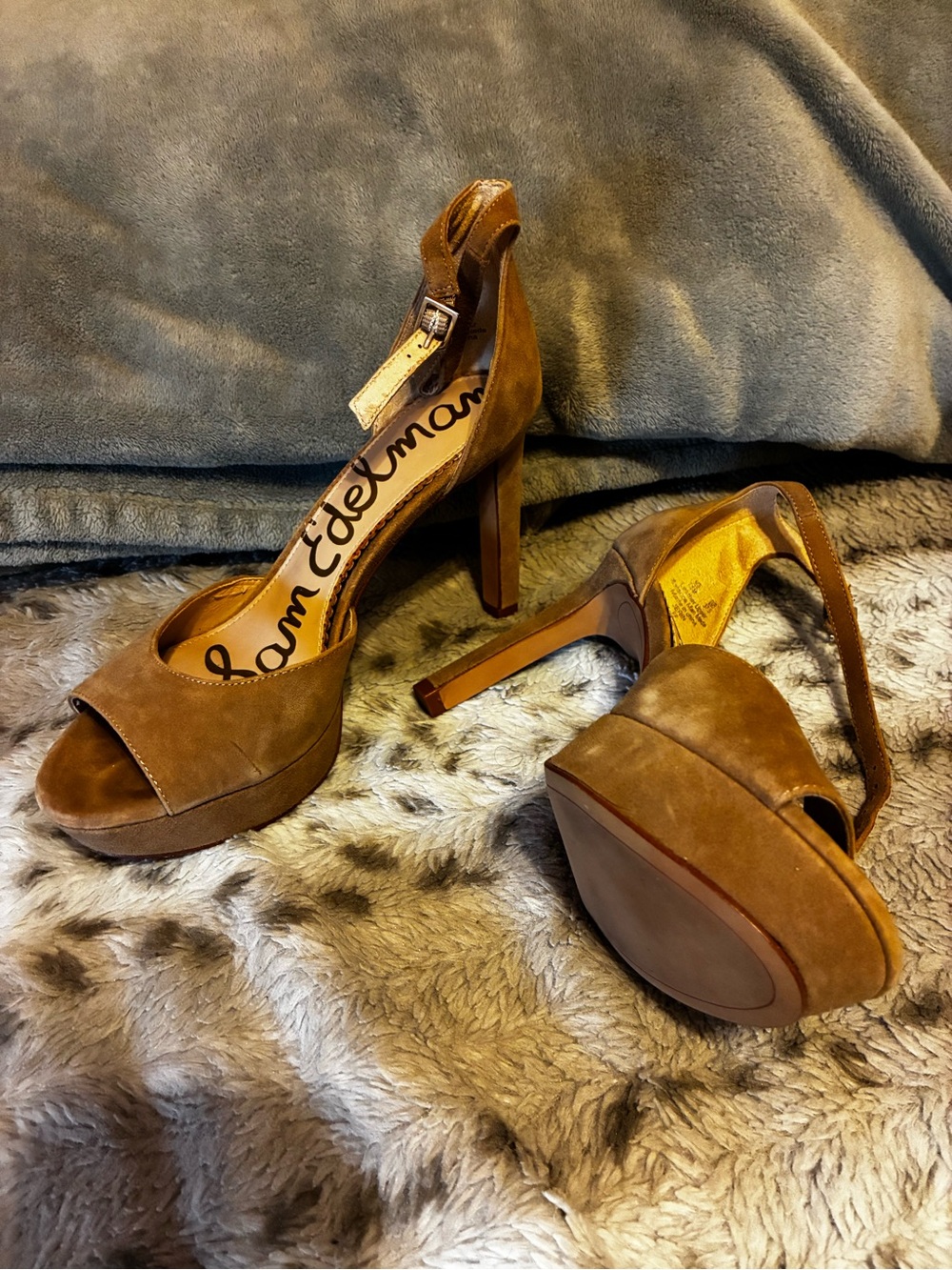 Sam Edelman Tan Suede Peep-Toe Ankle Strap Stiletto Heels- Size 7 1/2 - Picture 2 of 16